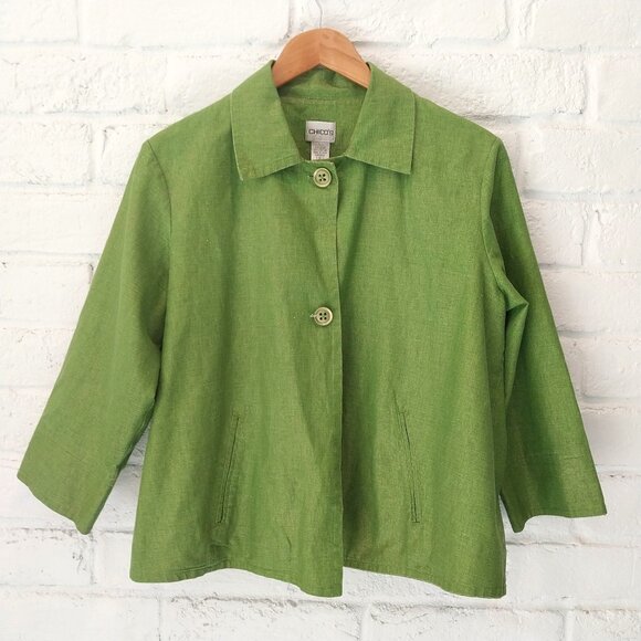 Chico's Linen Cotton Swing Jacket Coat Womens Sz 2 LARGE 12 Green Shimmer Casual - Picture 1 of 12
